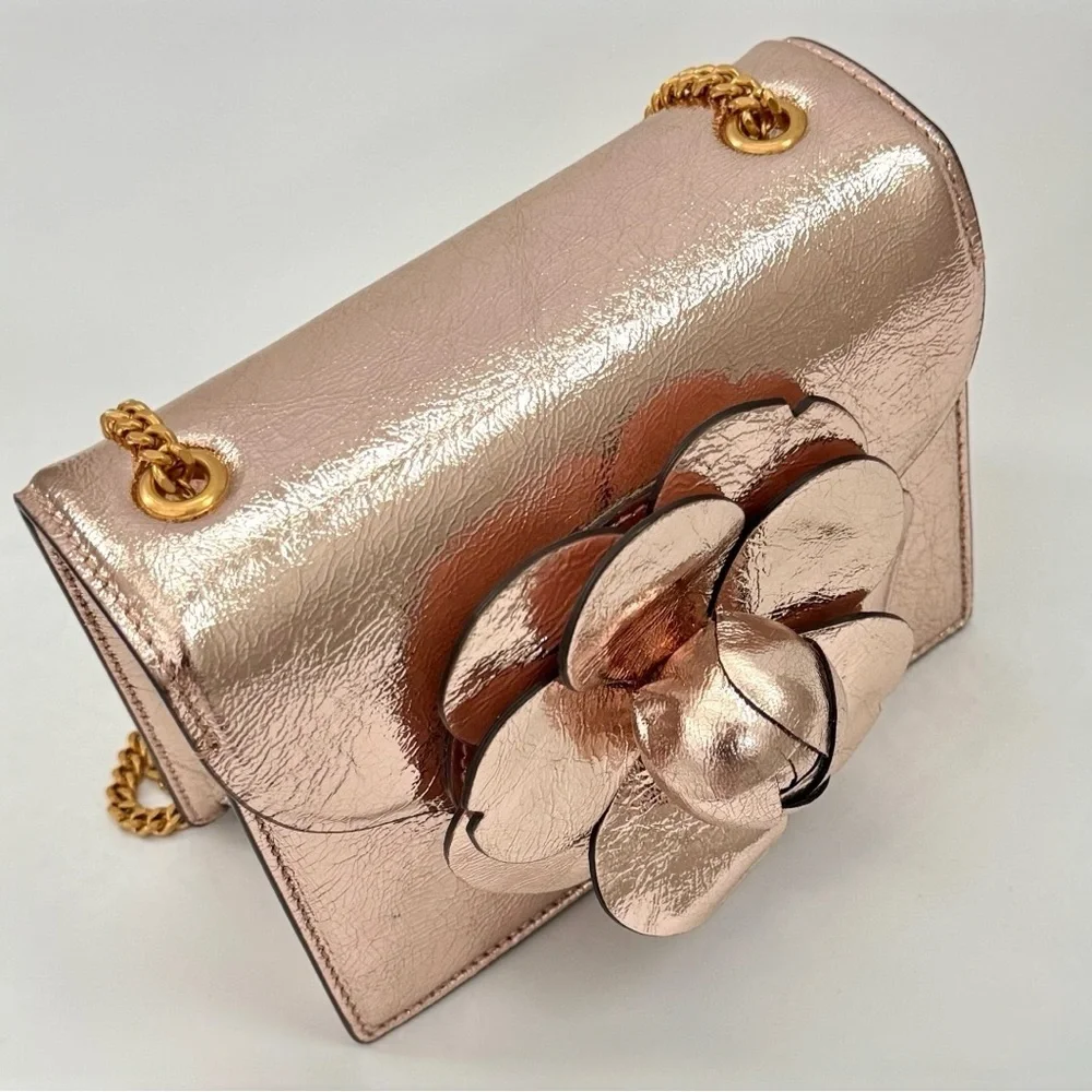 Oscar de la Renta Tro Rose Gold Metallic Crinkle Leather Mini Chain Shoulder Bag